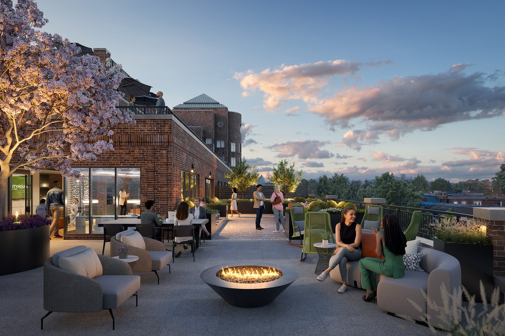 A white rendering of the fourth floor social terrace with seating areas and city views