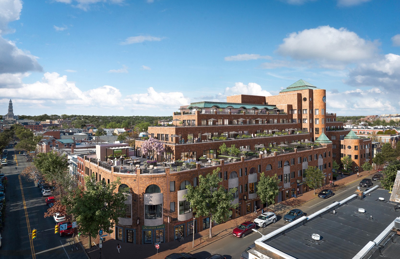 A white rendering of an aerial view of the building and its central location